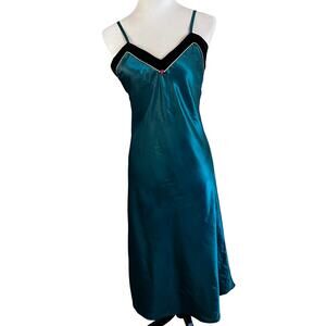 Vintage Kathryn Satin Slip Dress | Green Black Velvet Trim Midi 80s 90s Y2K M